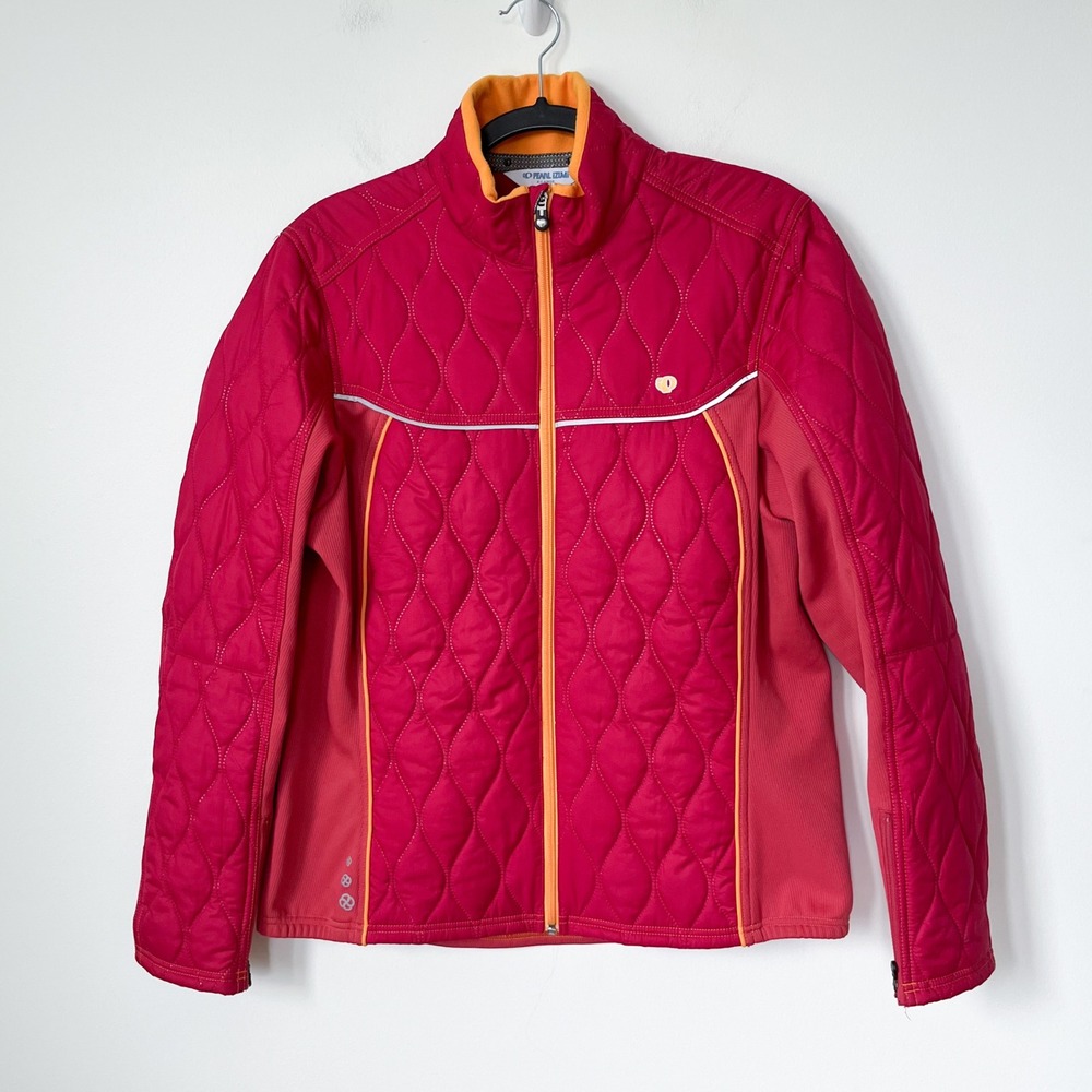 Pearl Izumi Quilted Zip Cycling‎ Jacket Floral Embroidery Womens XL Red Orange
